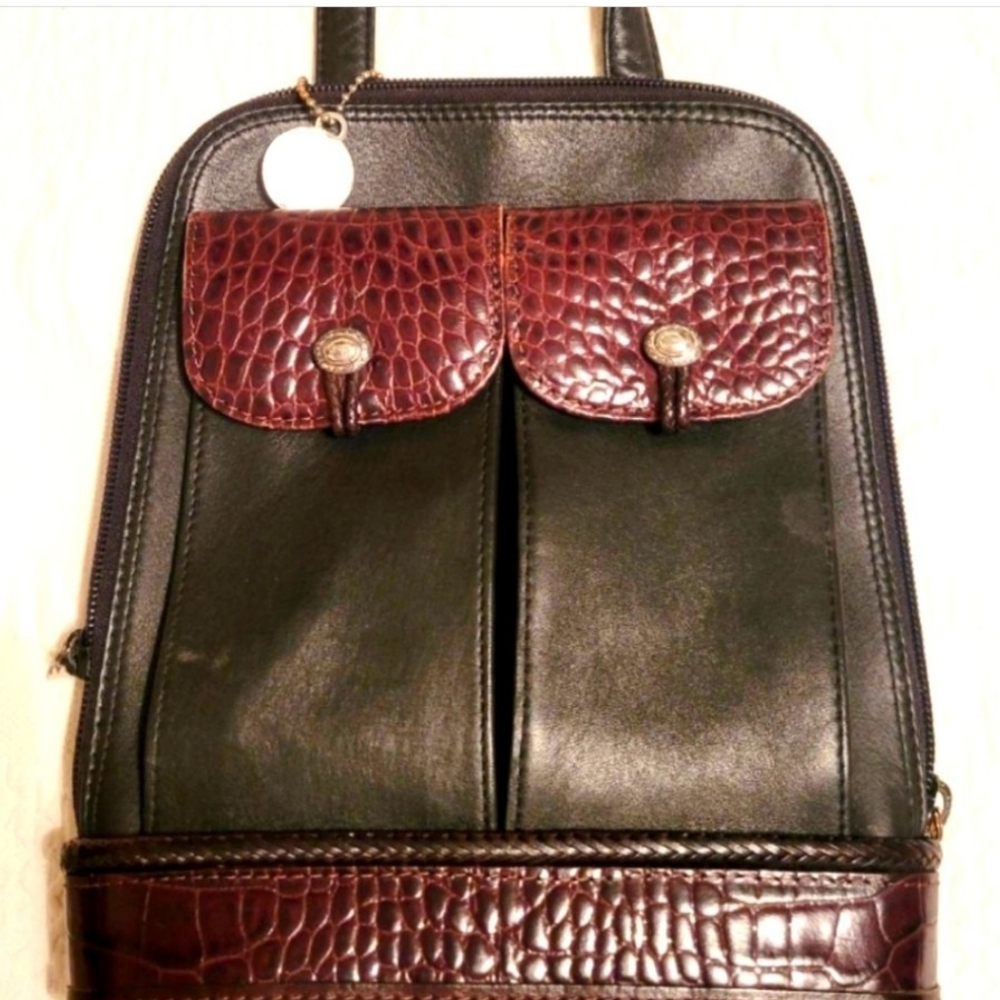 Two Tone Black & Brown Croc Leather Brighton Crossbody Handbag